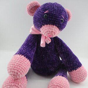 21" Purple and Pink Amigurumi Crochet Handmade Bear with Pink Bow.